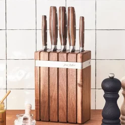 Fabrique de Styles Bloc en acacia de 5 couteaux de cuisine inox avec manche en noyer* Couteaux De Cuisine