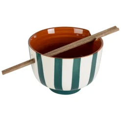 Fabrique de Styles Bol en grès rayé émeraude et blanc avec baguettes d14cm - Alaria* Bols Et Coupelles