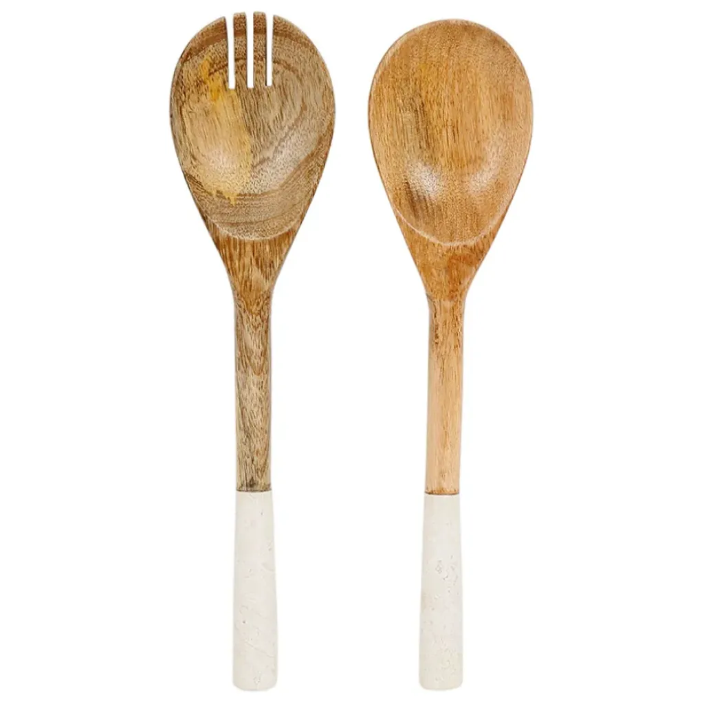 Fabrique de Styles Couverts à salade en marbre blanc et bois de manguier - sweet leaves* Ustensibles De Cuisine