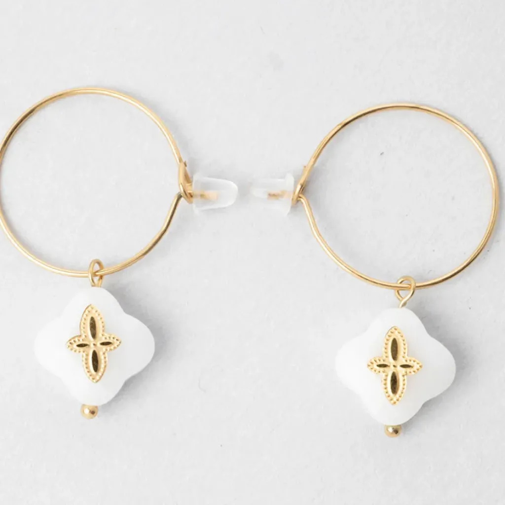 Fabrique de Styles Créoles x2 trefle doré+blanc h35mm acier inoxydable+jade* Bijoux Fantaisie