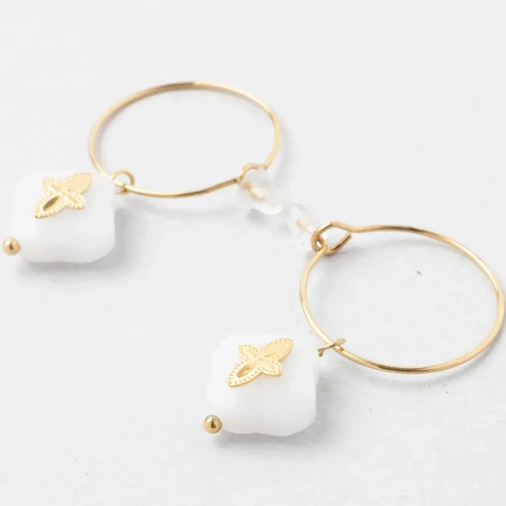 Fabrique de Styles Créoles x2 trefle doré+blanc h35mm acier inoxydable+jade* Bijoux Fantaisie