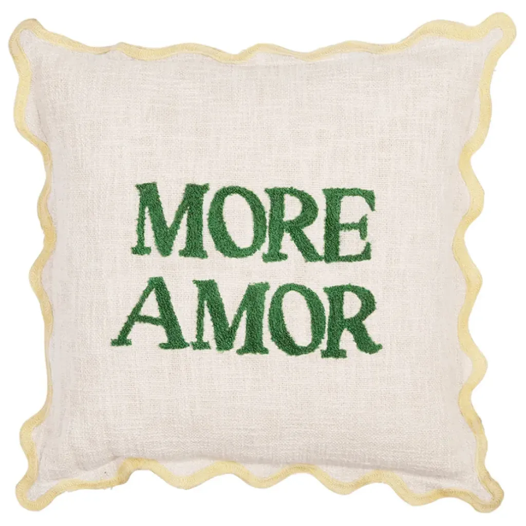 Fabrique de Styles Housse de coussin brodé " More Amor"' en coton écru et vert 45x45cm - Lumi* Coussins Et Housses