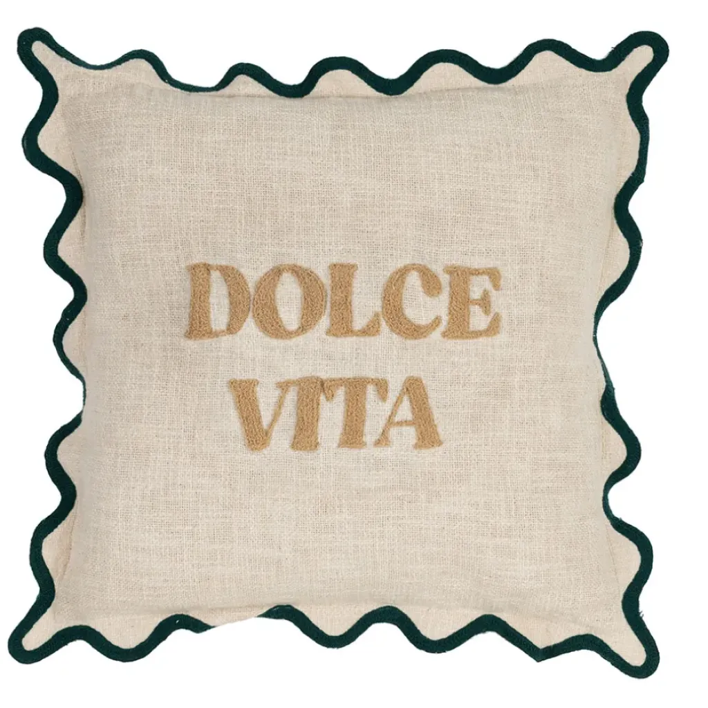 Fabrique de Styles Housse de coussin brodée dolce vita en coton beige et émeraude 45x45cm - Lumi* Coussins Et Housses