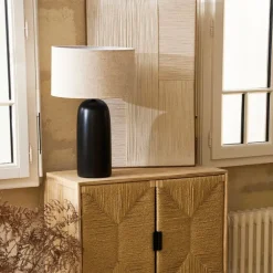 Fabrique de Styles Lampe en terre cuite et lin noir et beige h60cm - Vita* Lampes À Poser