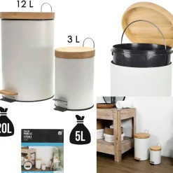 Fabrique de Styles Lot de 2 poubelles à pédale en métal et bambou 3L et 12L* Poubelles