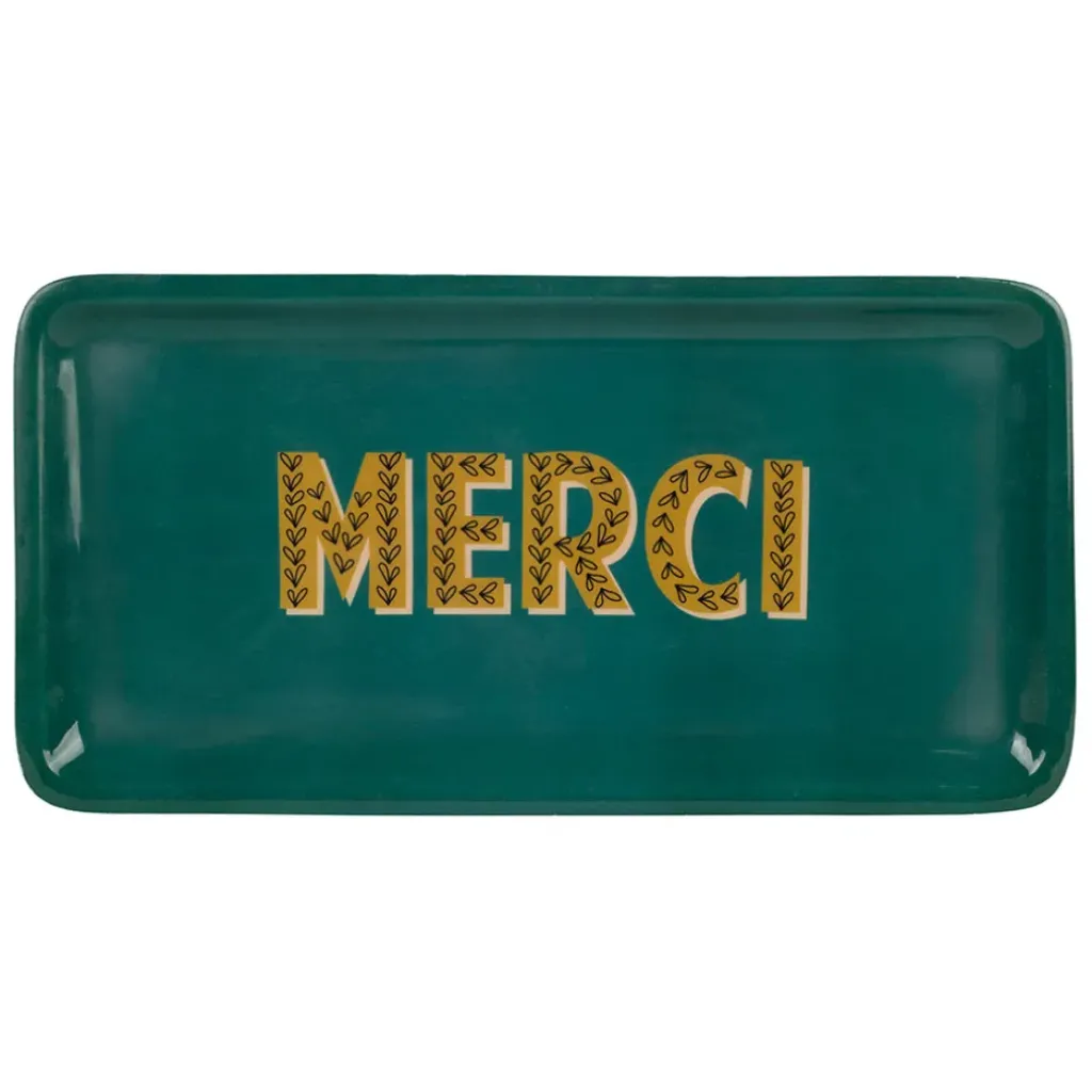Fabrique de Styles Plateau "merci" en fer émeraude et moutarde 30x15cm - Pop'S* Plateaux