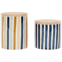Fabrique de Styles Pot x2 avec couvercle en bambou rayé bleu et beige en grès - blue sand* Pots Et Bocaux