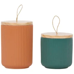 Fabrique de Styles Pots x2 avec couvercle en bois et émeraude en grès - sweet leaves* Pots Et Bocaux