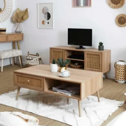 Fabrique de Styles Table basse avec tiroir en bois et cannage L110cm - Baia* Table Basses
