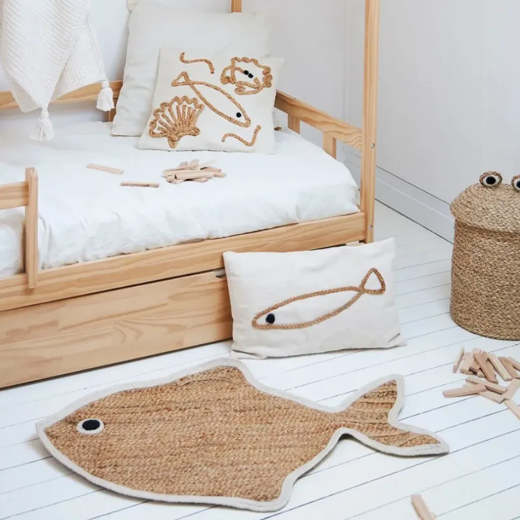 Fabrique de Styles Tapis poisson en jute naturel et blanc 100x65cm - Eté A La Mer* Tapis